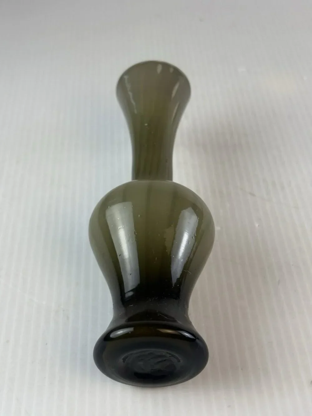 MCM Hand Blown Smoke Olive Glass Bud Vase Pontil Scar Optic Rib Trumpet Neck